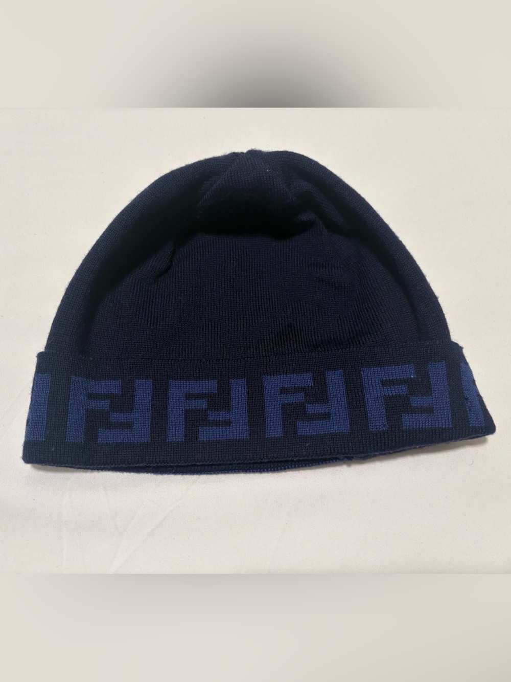 Fendi FF Logo Navy Blue Knit Beanie Hat NWT